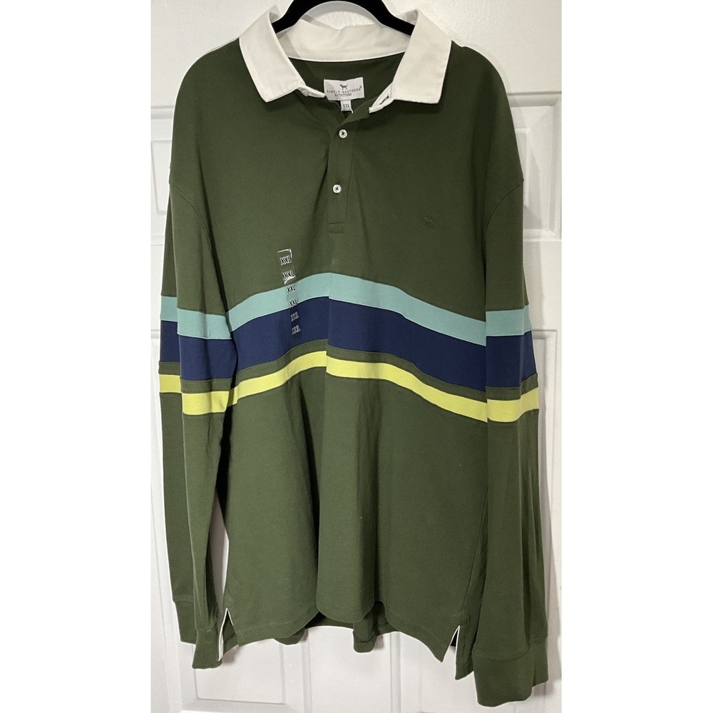 Simply Southern Green Rugby Blue/Yellow Striped Long Sleeve Cotton Polo Men XXL